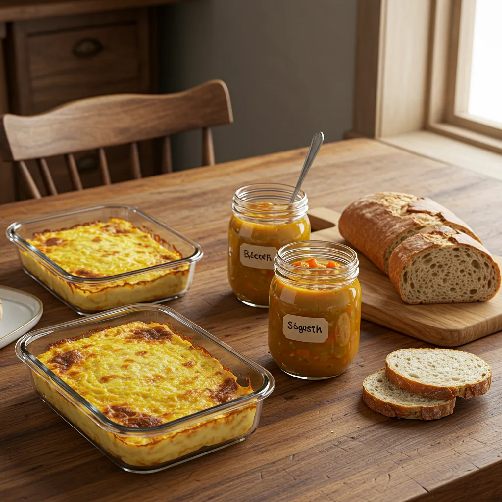 Repas faits maison dans des contenants en verre étiquetés, prêts à être offerts à une jeune maman
