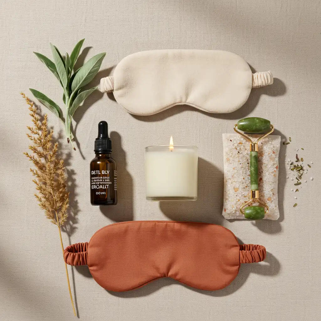 Box bien-être post-partum avec huile corporelle, bougie naturelle, roller jade et sels de bain disposés en flat lay