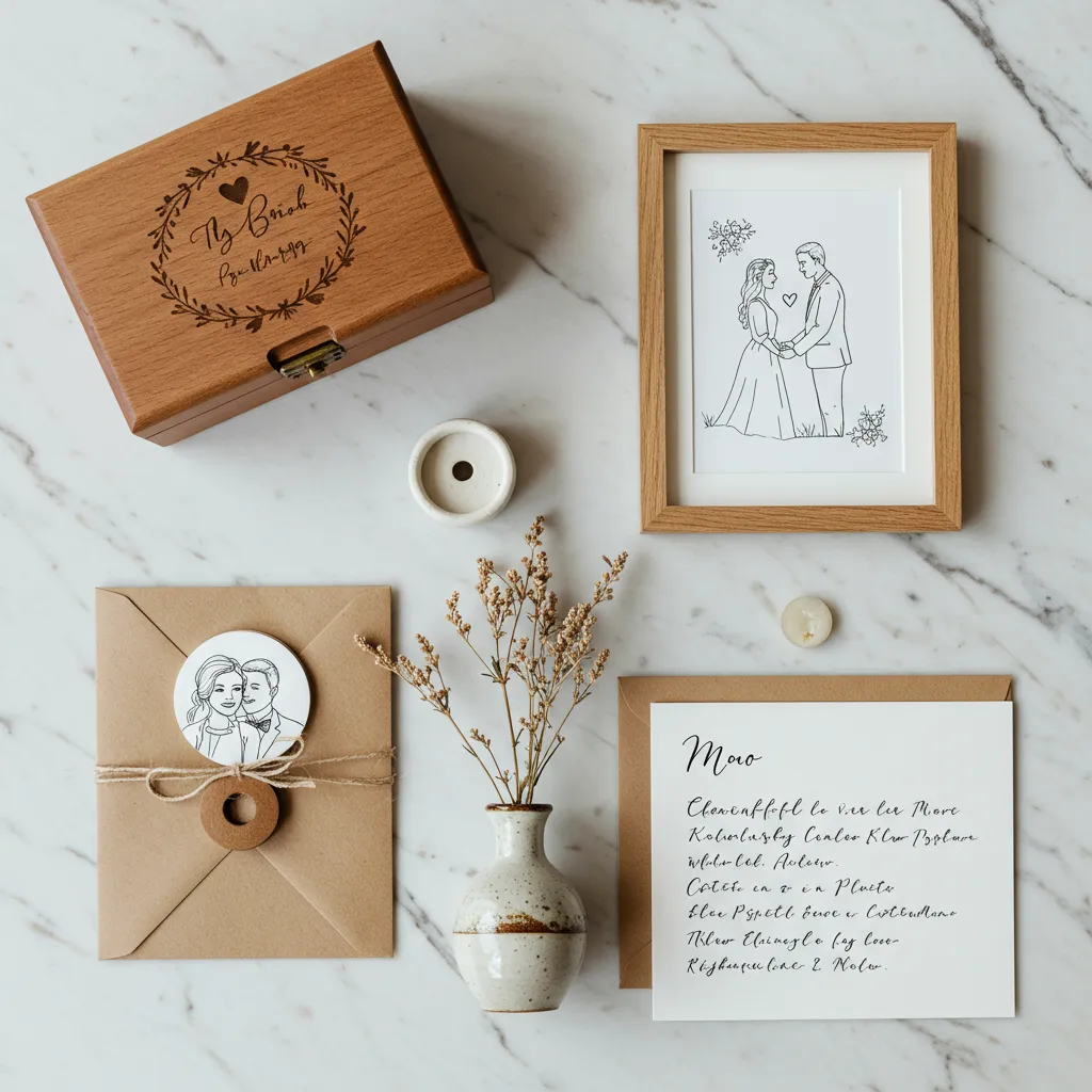 Vue de dessus d'une sélection de cadeaux de mariage personnalisés et abordables disposés sur marbre blanc