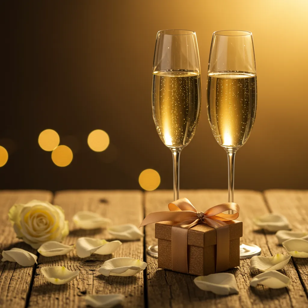 Coffret cadeau de mariage élégant avec flûtes à champagne et pétales de roses sur table en bois