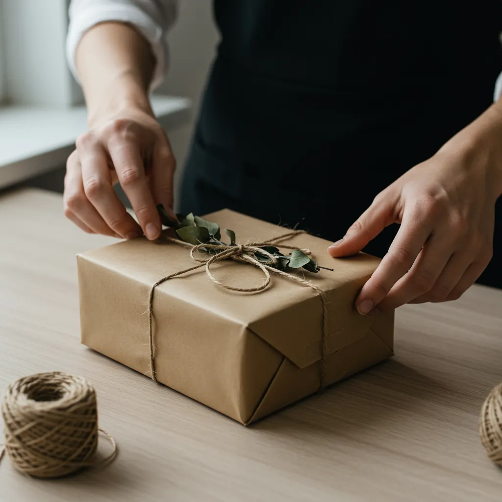 Personne emballant soigneusement un cadeau de mariage avec du papier kraft et une branche d'eucalyptus séché