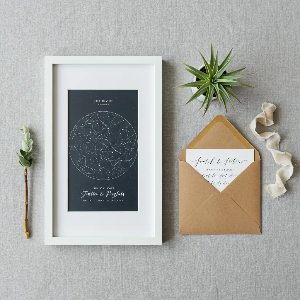 Présentation soignée d'un cadeau de mariage personnalisé avec carte du ciel encadrée, mot manuscrit et petite plante