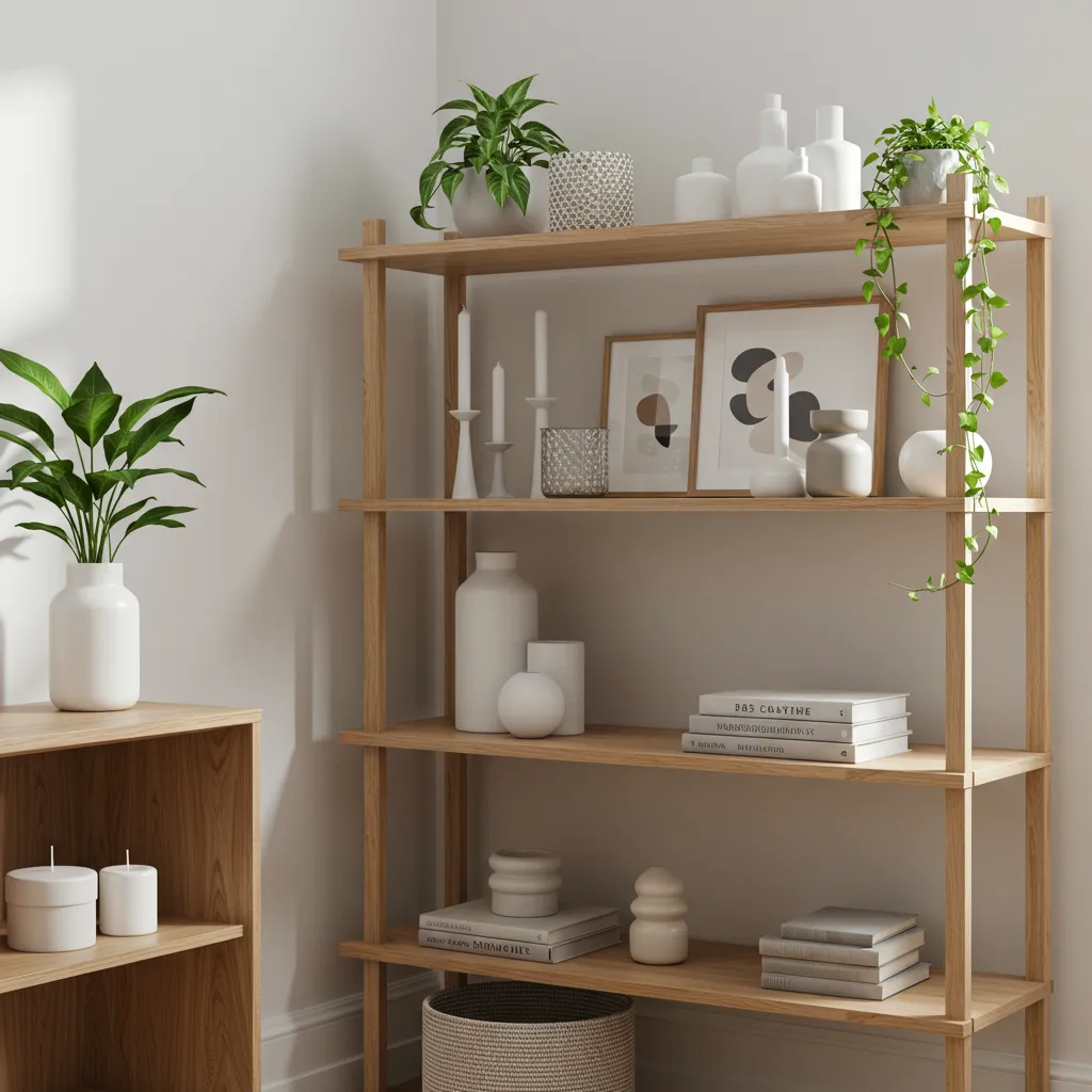 Étagère en bois décorée avec plantes, bougies et objets déco dans un intérieur scandinave épuré