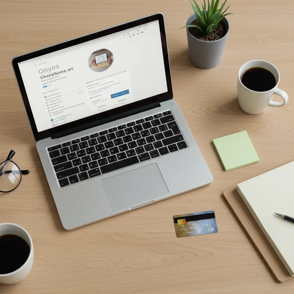 Ordinateur portable ouvert sur une page de paiement en ligne avec carte bancaire et bloc-notes, illustrant l'utilisation d'un code promo