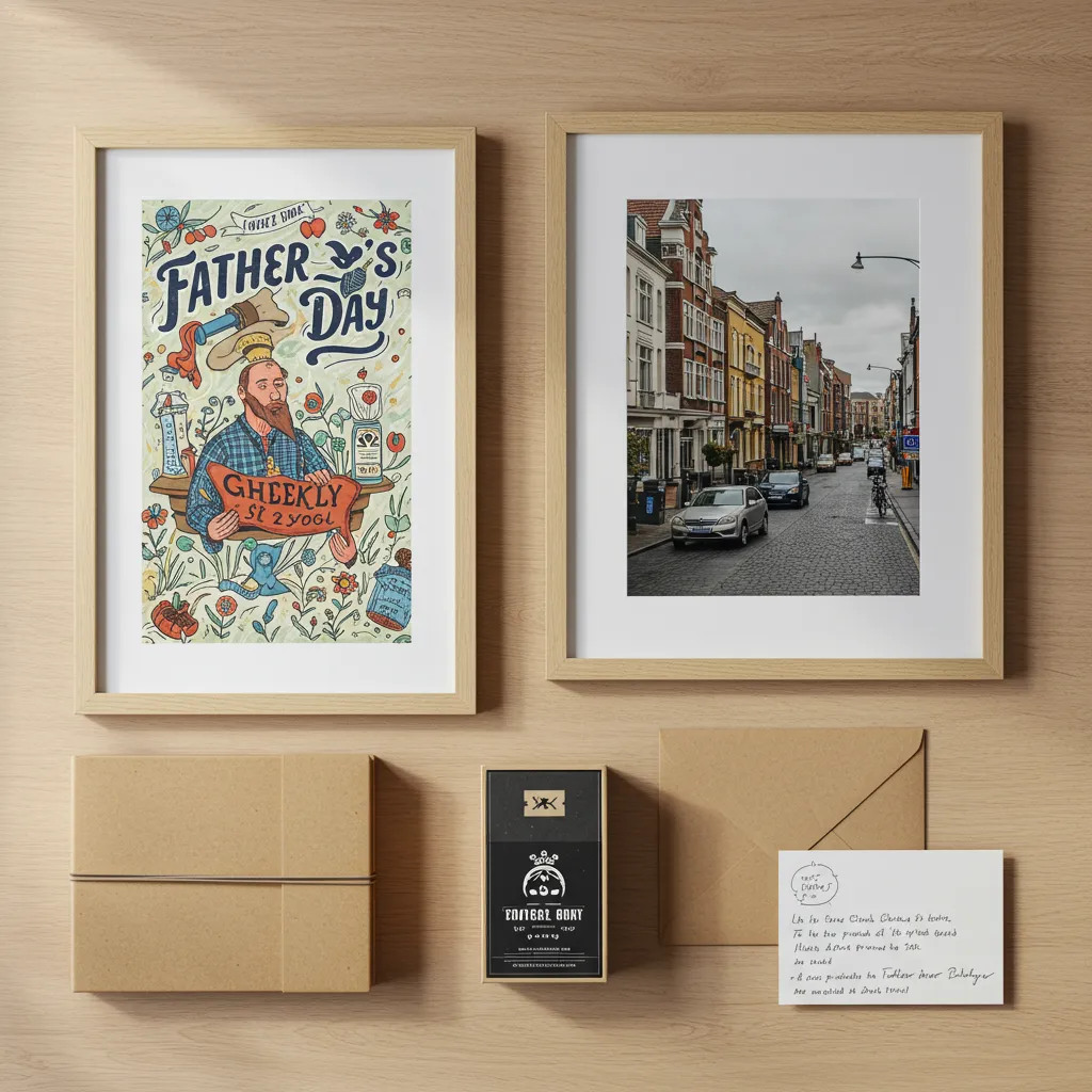 Sélection de cadeaux personnalisés pour la fête des pères : affiche, album photo, coffret dégustation et carte faite main