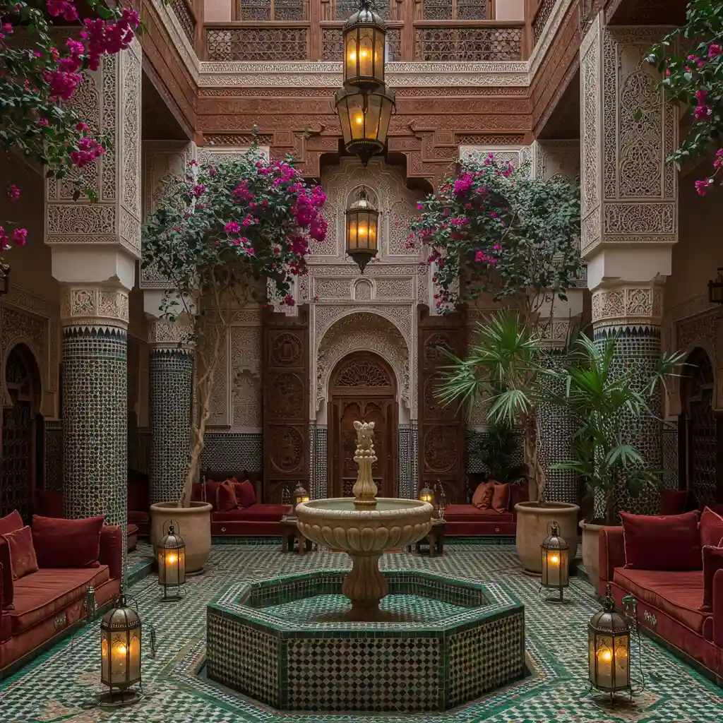 Cour intérieure d'un riad marocain 5 étoiles à Marrakech avec fontaine en zellige et végétation luxuriante
