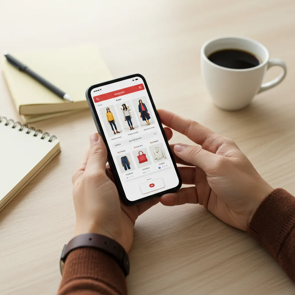 Mains tenant un smartphone avec une interface de shopping mode, illustrant l'utilisation stratégique de Veepee pour planifier ses achats mode