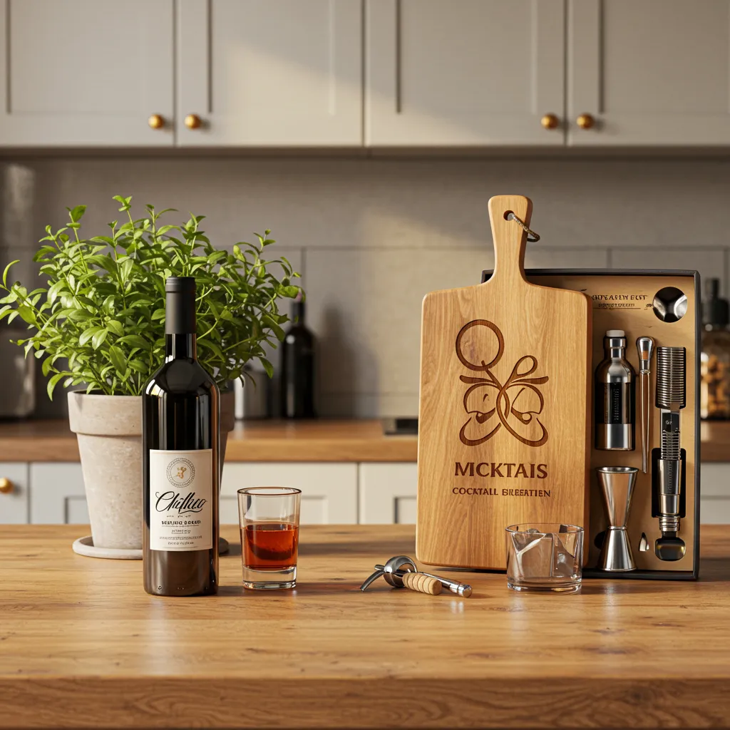 Comparaison entre un cadeau de crémaillère classique (bouteille de vin et plante) et un cadeau original (planche gravée et kit cocktail)