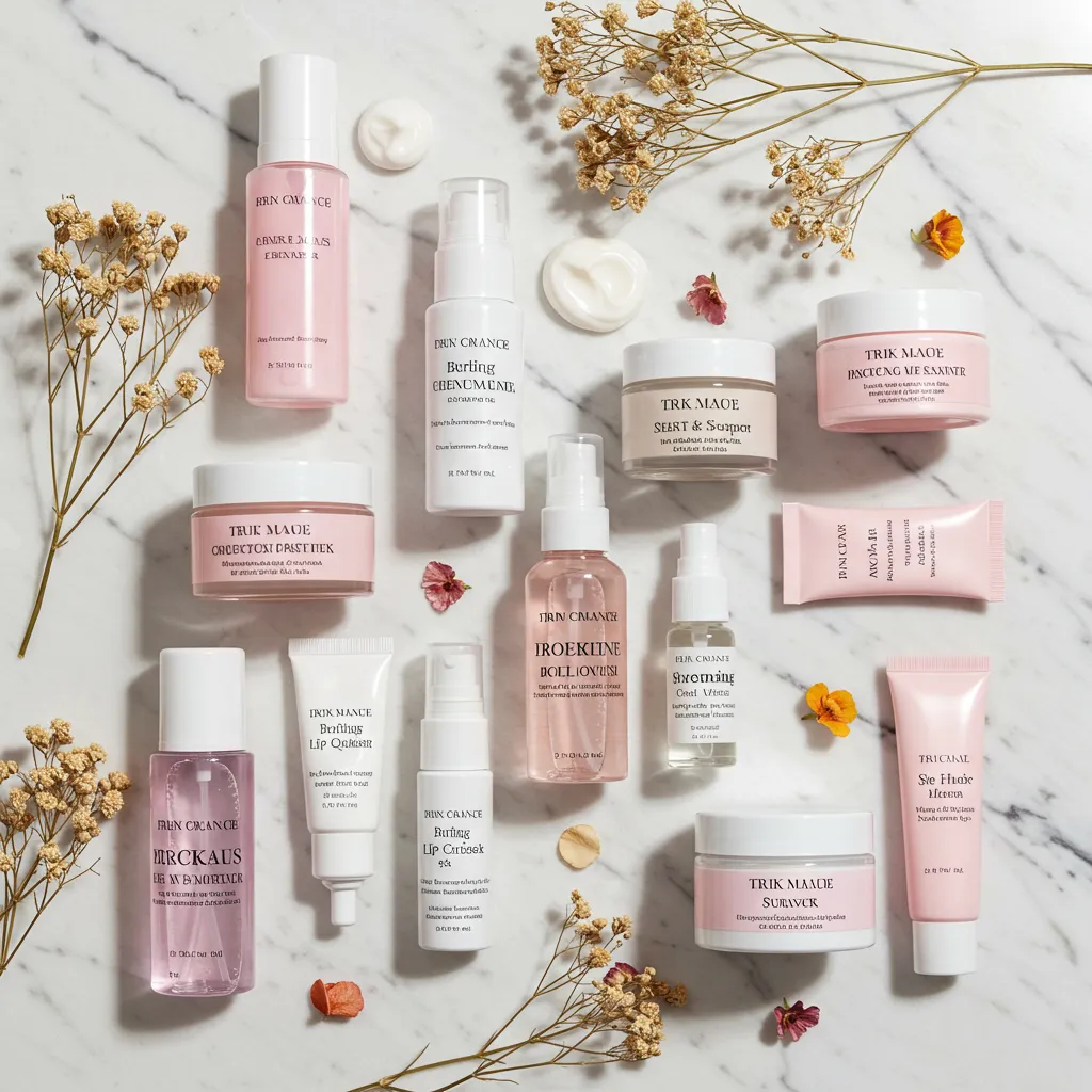 Coffrets et produits de beauté tendance pour ado : soins lèvres, brumes parfumées et cosmétiques disposés en flat lay sur marbre blanc