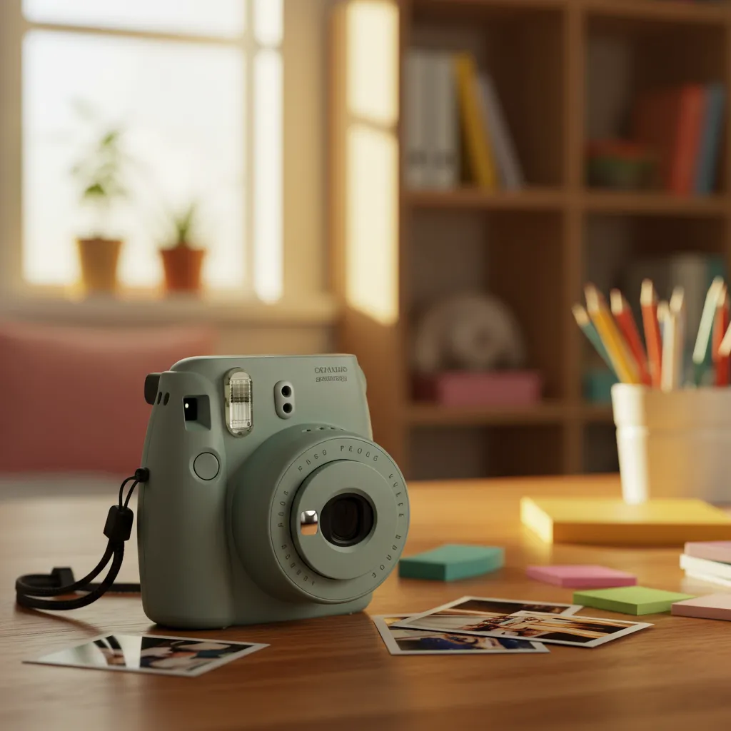 Appareil photo instantané posé sur un bureau en bois avec des photos développées, idée cadeau high-tech pour une adolescente