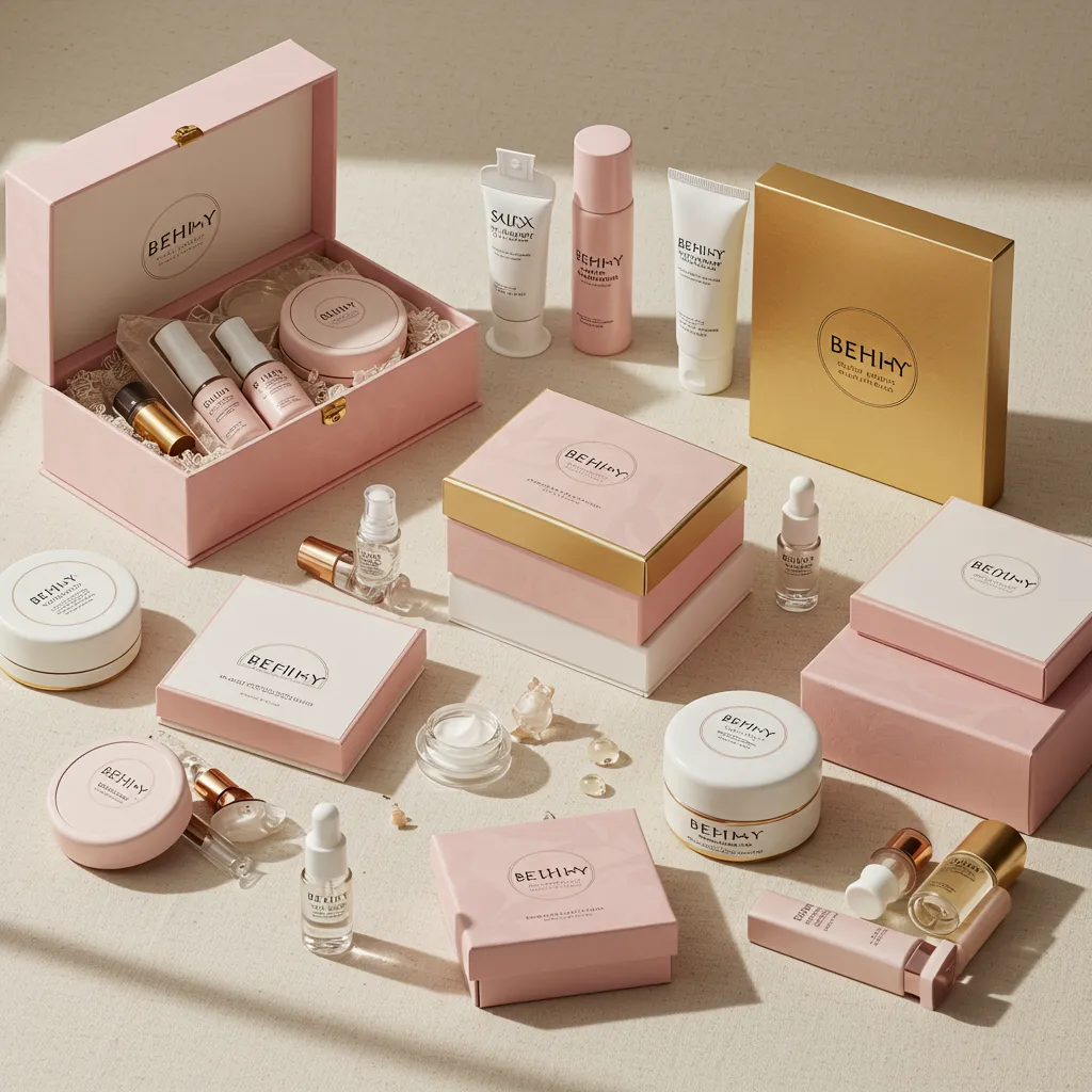 Coffrets beauté et boxes soins visage disposés en flat lay sur tissu beige, représentant les meilleures affaires des soldes Sephora