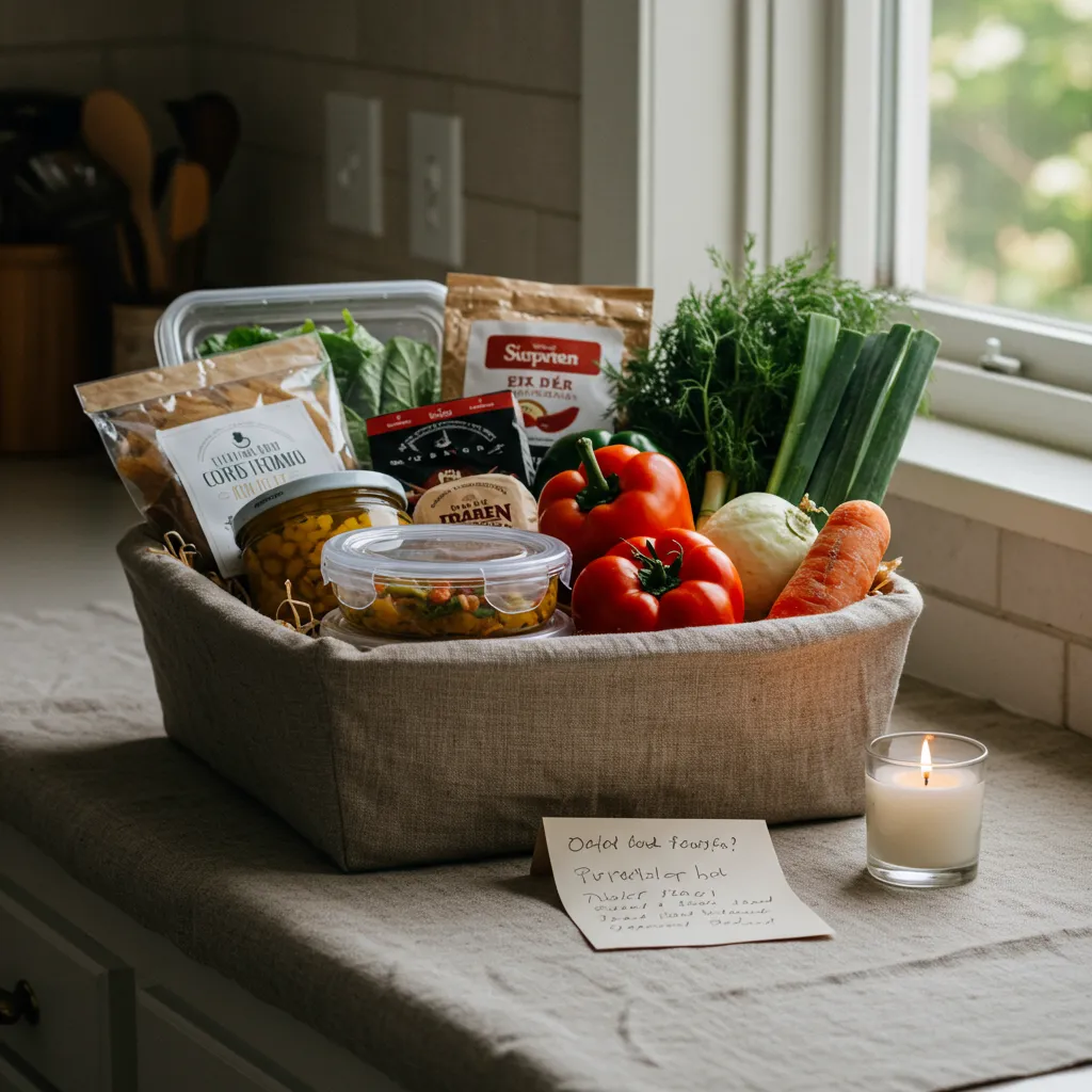 Panier cadeau de service pour jeunes parents : repas cuisinés et produits du quotidien soigneusement présentés