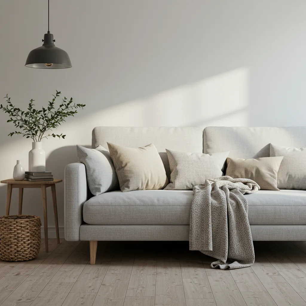 Canapé gris clair avec coussins décoratifs dans un salon minimaliste scandinave en lumière dorée