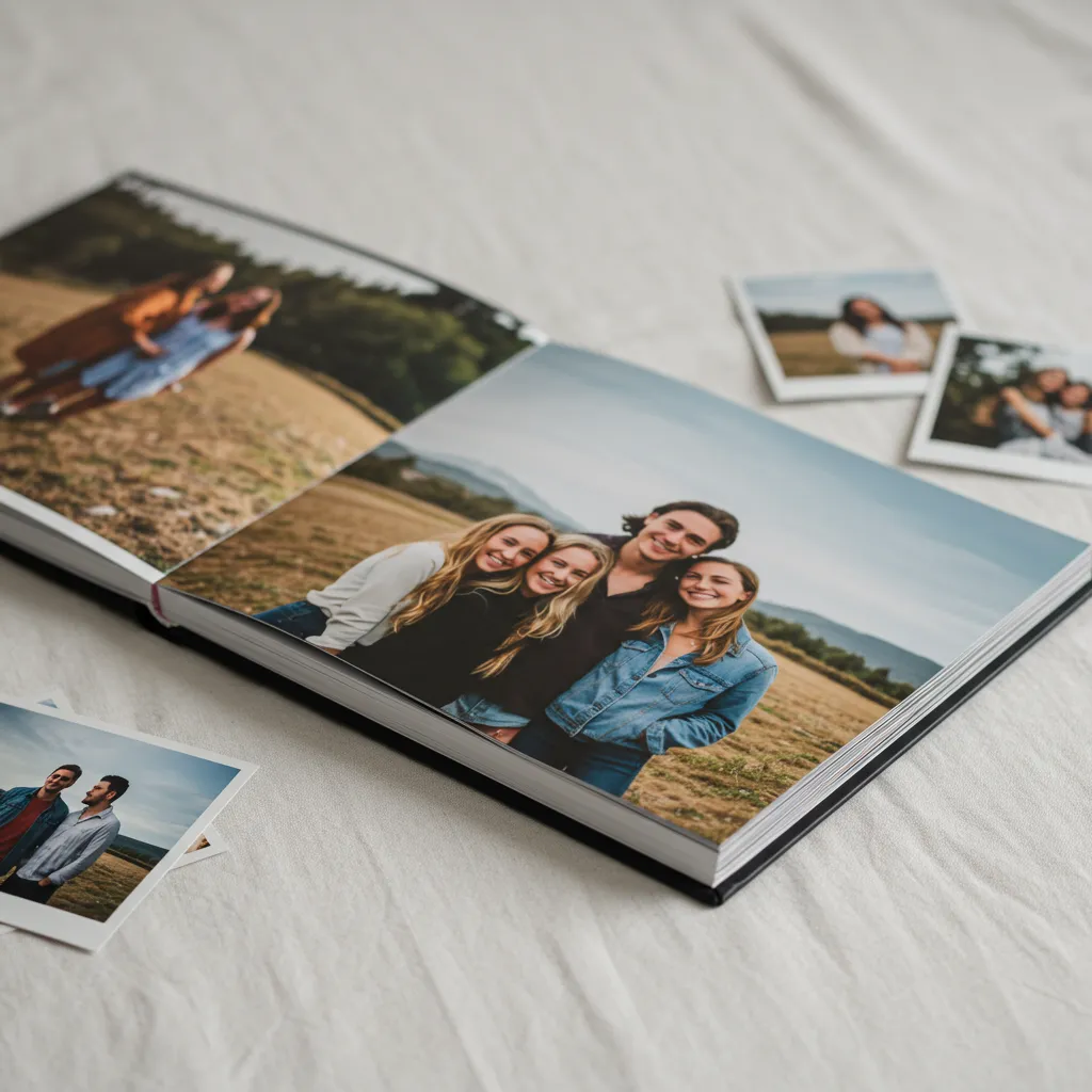 Livre photo personnalisé ouvert montrant des souvenirs partagés entre amis, cadeau unique pour un départ à l'étranger