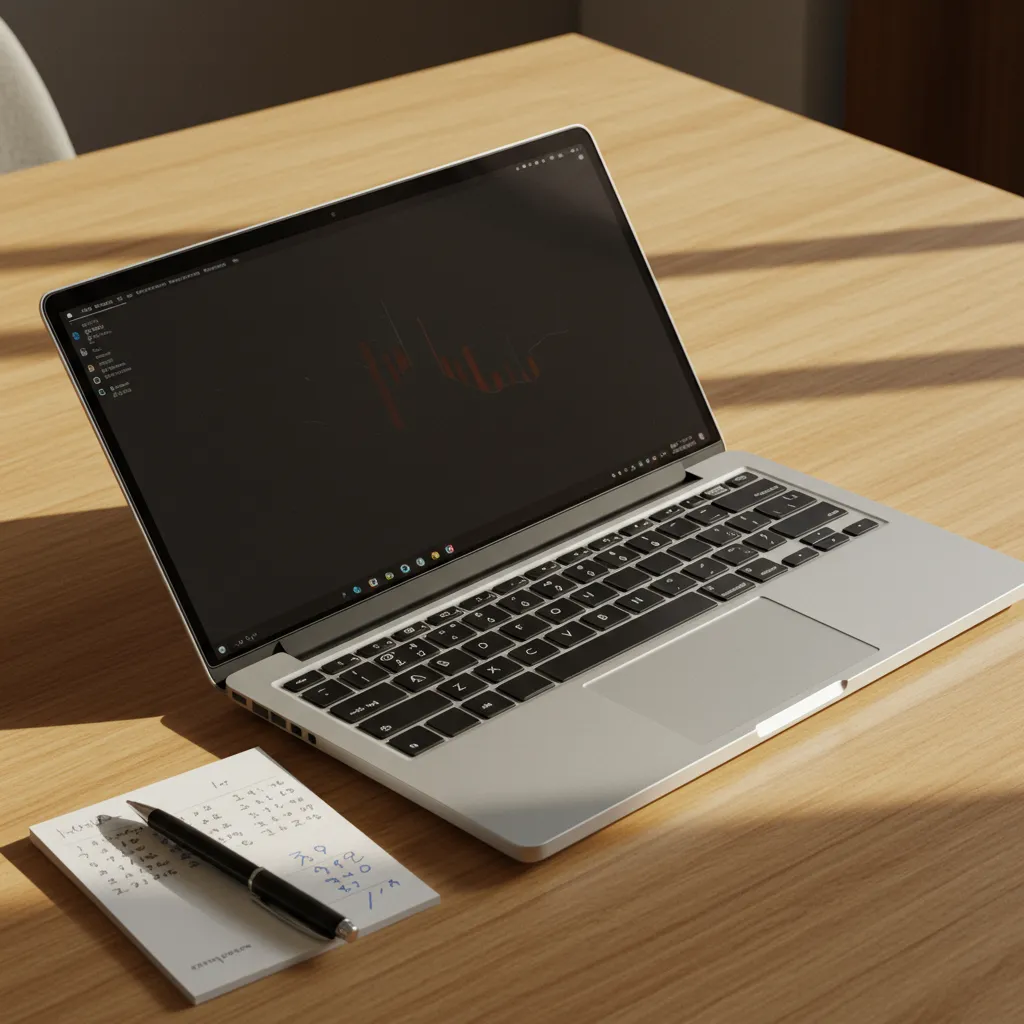 Ordinateur portable reconditionné ouvert sur un bureau avec des notes de comparaison de prix, illustrant les économies concrètes sur les MacBook M2