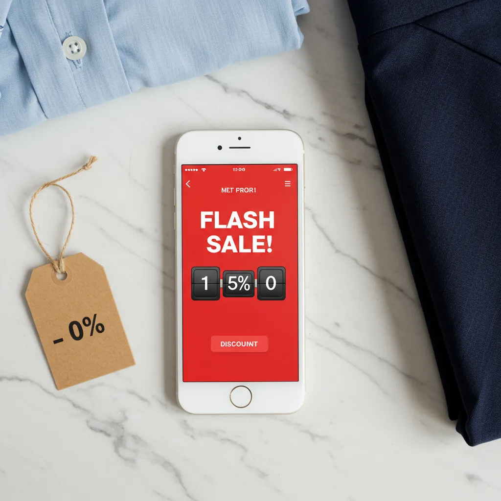 Smartphone affichant une vente flash en ligne posé à côté de vêtements soldés avec étiquettes de remise