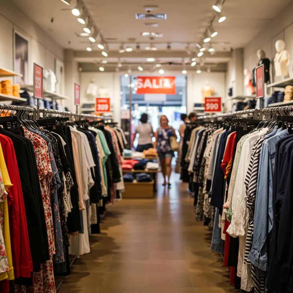 Rayon de vêtements en magasin pendant les soldes d'été avec des articles en promotion
