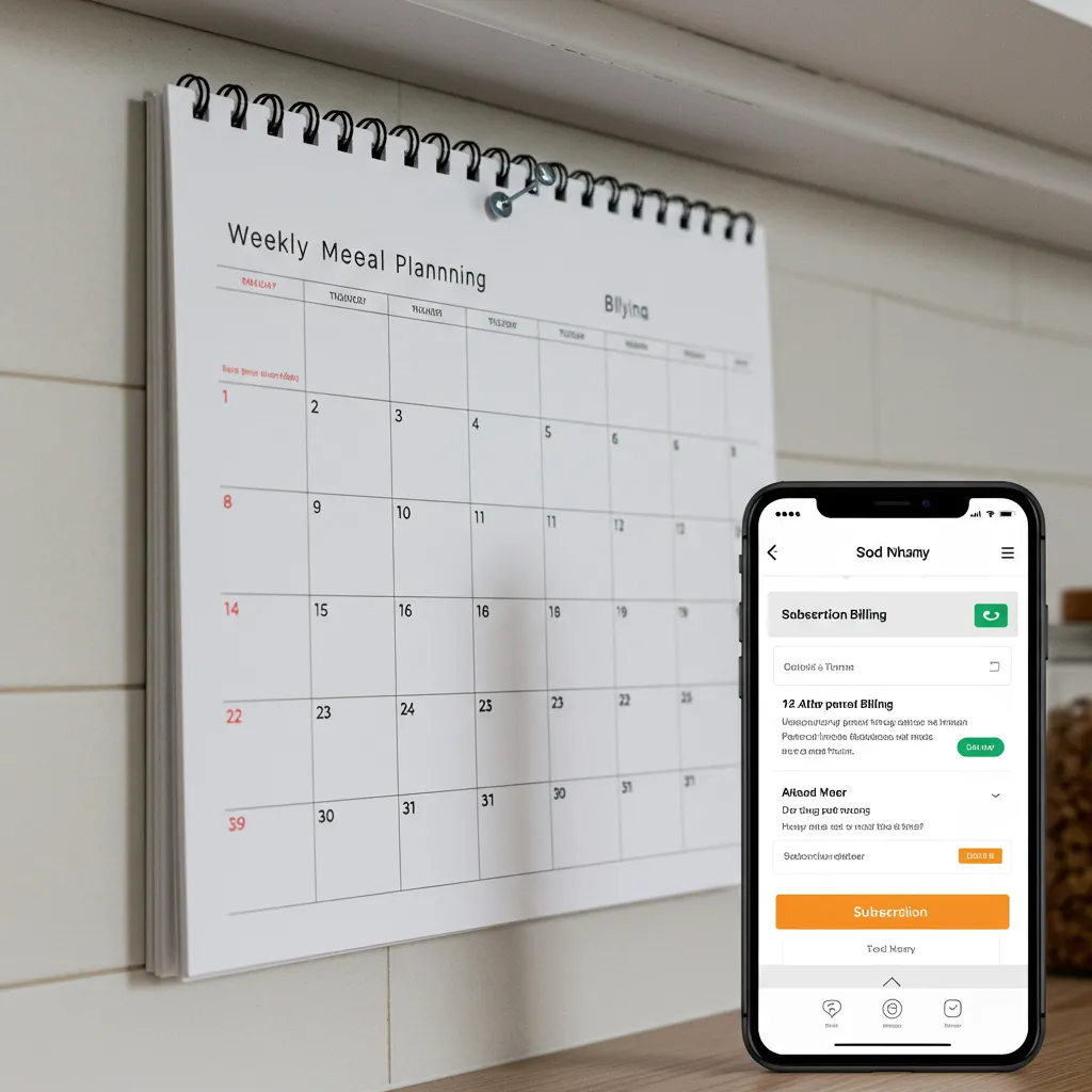 Calendrier de planification hebdomadaire et smartphone affichant une facturation d'abonnement dans une cuisine