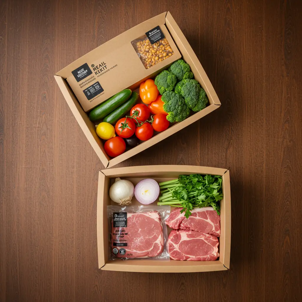 Deux boîtes de kits repas côte à côte sur une table en bois, comparaison des contenus et de la qualité des ingrédients