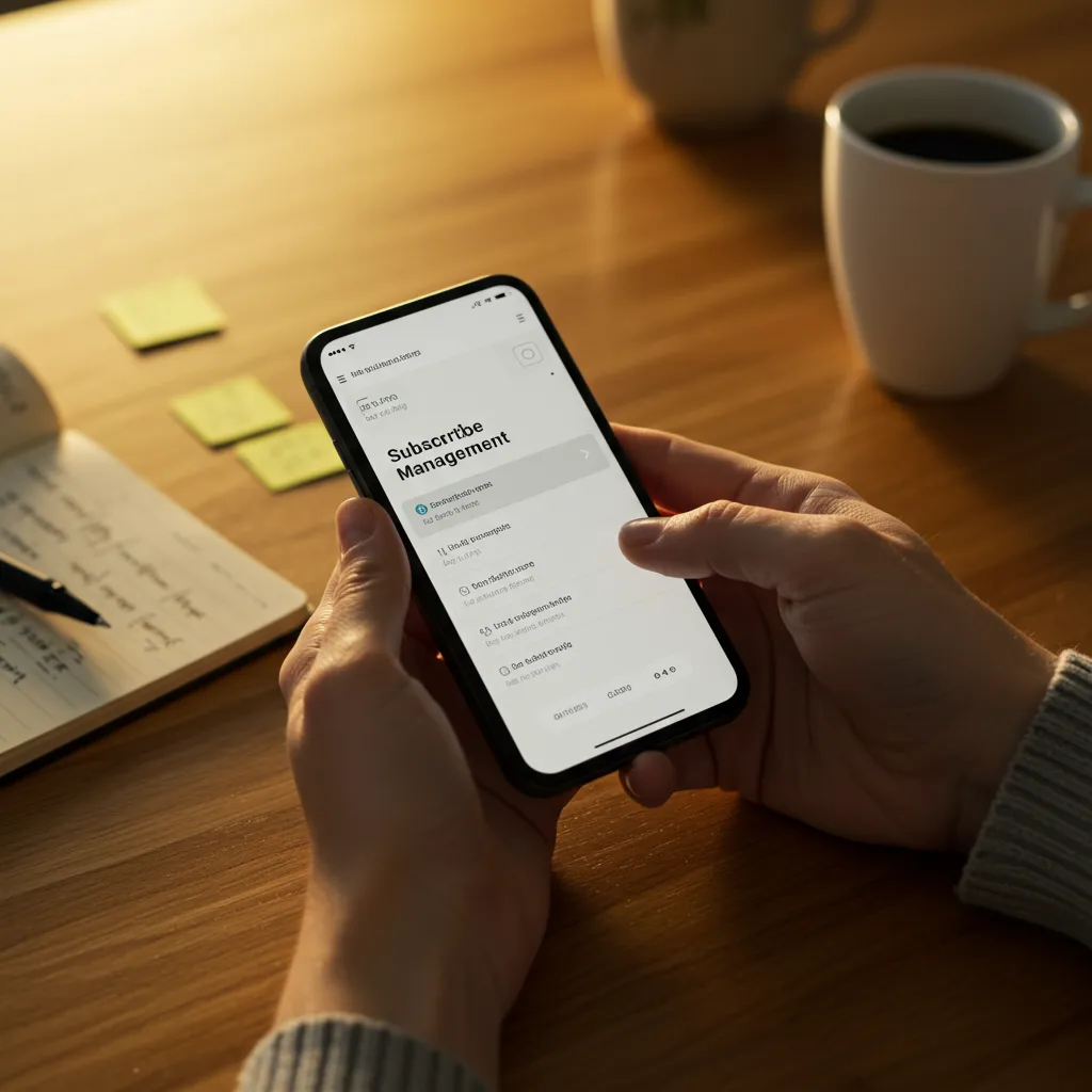 Mains tenant un smartphone pour gérer un abonnement de kit repas, avec un carnet de notes sur le comptoir