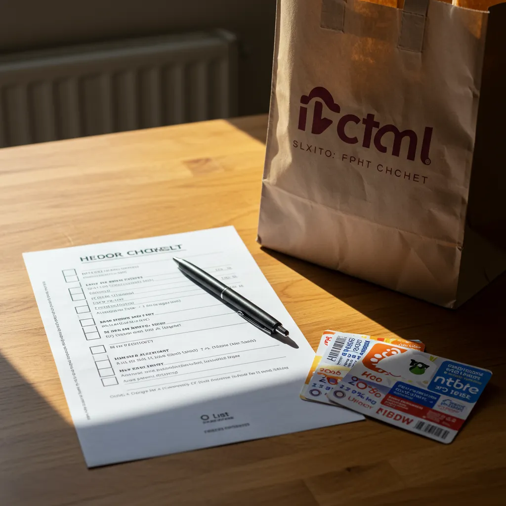 Comptoir de cuisine organisé avec une liste de vérification, un stylo et des bons de réduction pour optimiser ses abonnements