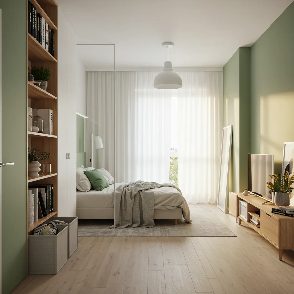 Studio de 25 m² agrandi visuellement grâce aux couleurs claires, miroirs et rangements verticaux pour optimiser le télétravail