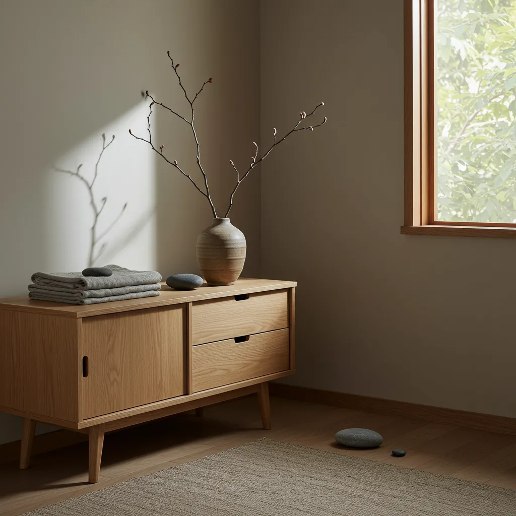 Coin décoratif Japandi avec buffet en bois clair, vase céramique artisanal, branche séchée et pierre naturelle sur fond neutre