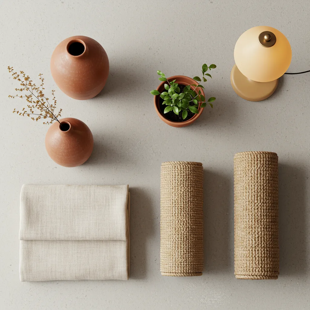 Vue de dessus des 5 pièces déco Japandi essentielles : vase céramique, coussin en lin, tapis jute, plante verte et lampe douce