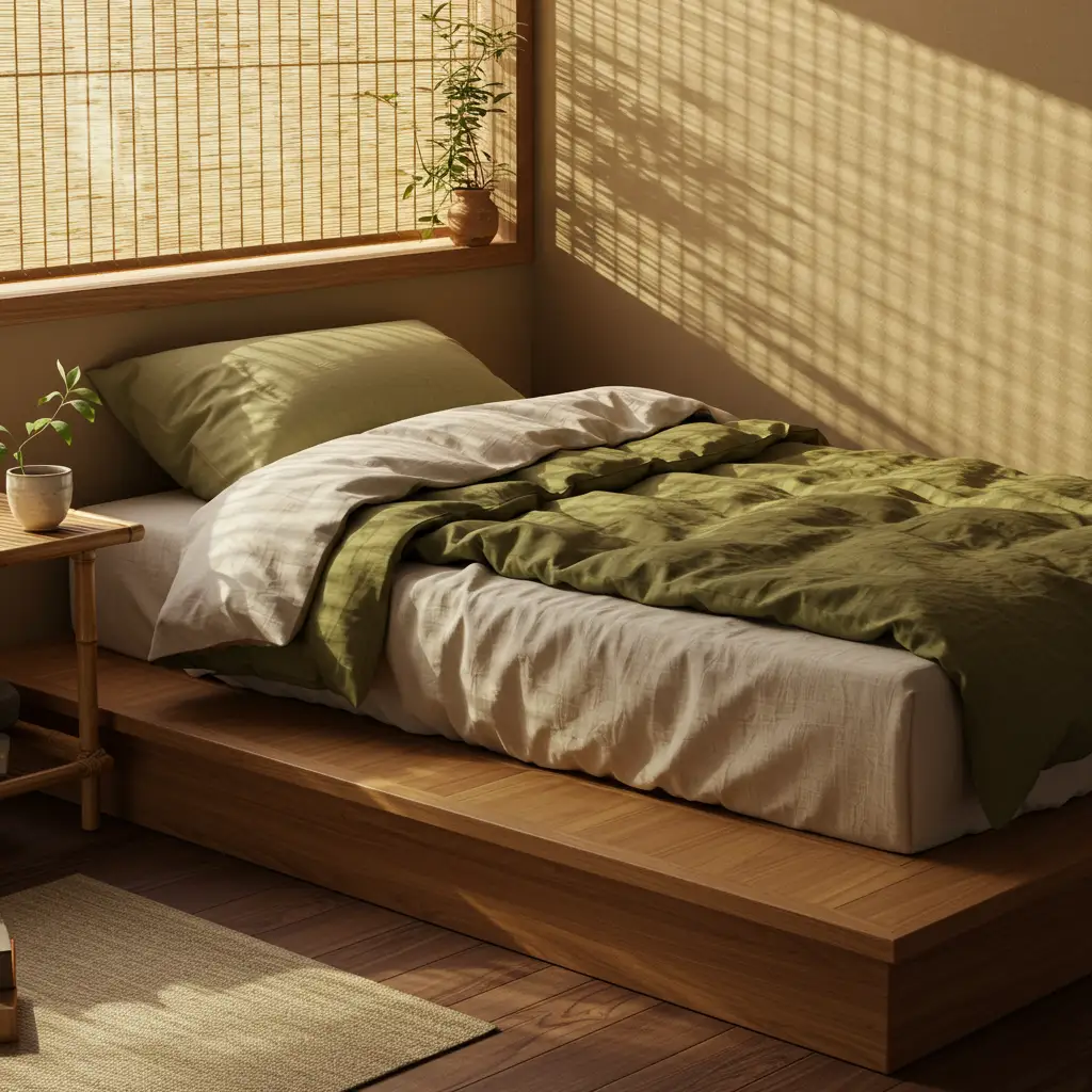 Chambre Japandi apaisante avec lit bas en bois, literie en lin, table de chevet en bambou et lumière dorée tamisée
