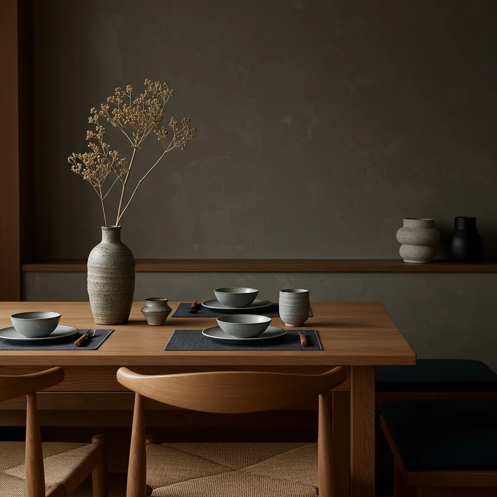 Coin repas Japandi intemporel avec table en chêne massif, vaisselle céramique artisanale et décoration botanique séchée