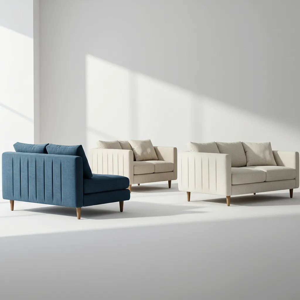 Trois canapés représentatifs des gammes Maisons du Monde, La Redoute Intérieurs et AM.PM côte à côte dans un showroom épuré