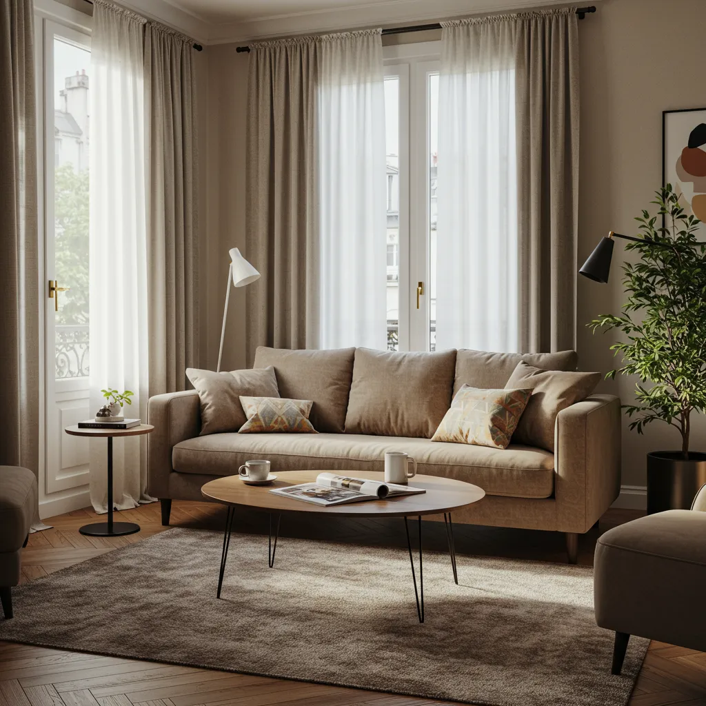 Salon cosy d'appartement français avec un canapé tendance bien intégré dans une décoration intérieure chaleureuse