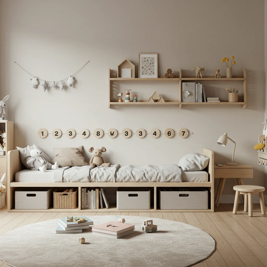 Vue d'ensemble d'une chambre d'enfant évolutive illustrant les différentes phases de croissance de 0 à 15 ans