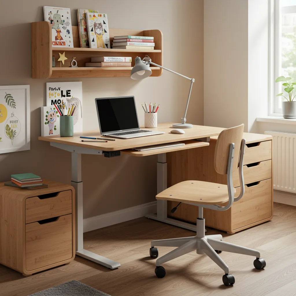 Bureau réglable en hauteur et rangements modulables pour enfant scolarisé dans une chambre évolutive