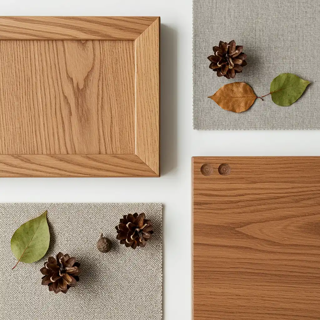 Détail de matériaux naturels certifiés pour chambre d'enfant évolutive : bois massif FSC et textiles Oeko-Tex
