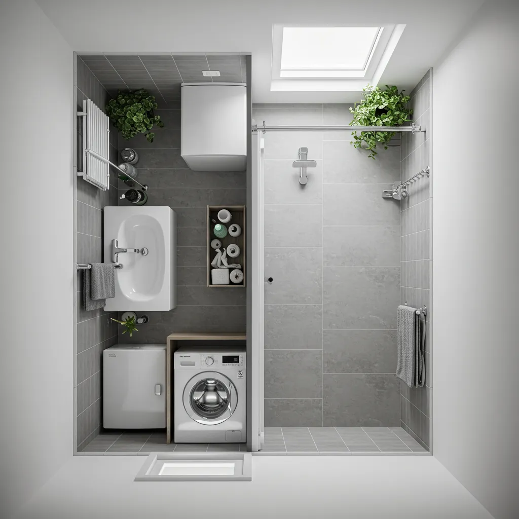 Vue aérienne d'une salle de bain rectangulaire de 4 m² montrant les différentes configurations d'agencement possibles