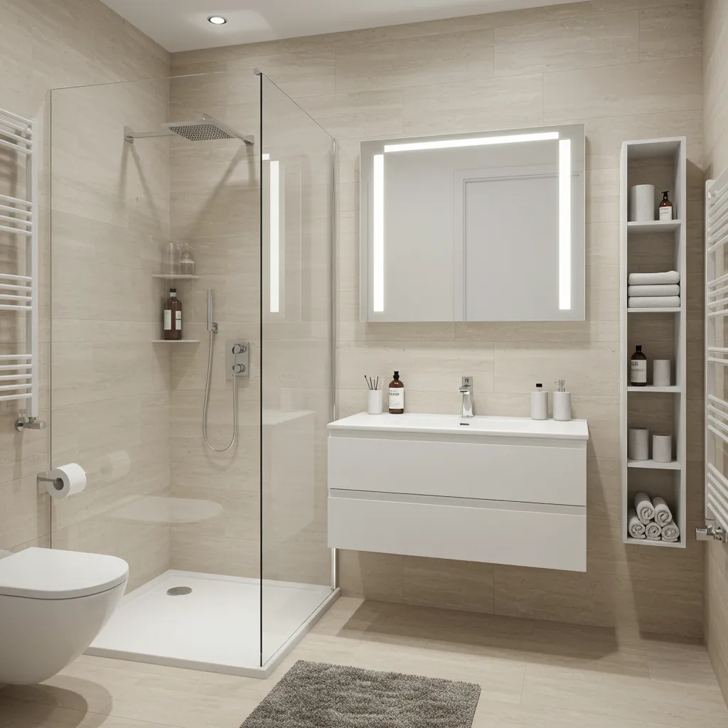 Salle de bain compacte transformée avec douche à l'italienne, meuble vasque suspendu et rangements verticaux sans démolition