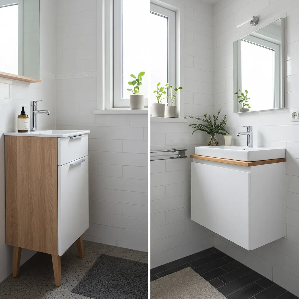 Comparaison entre une erreur d'aménagement fréquente dans une petite salle de bain et la solution optimisée pour gagner de l'espace