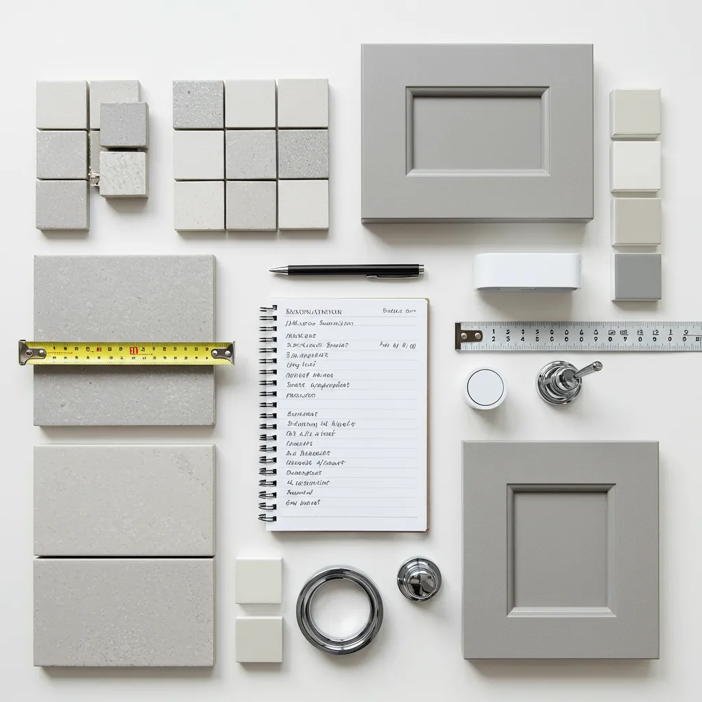 Échantillons de matériaux et outils de planification budgétaire pour la rénovation d'une salle de bain de 4 m² sans travaux structurels