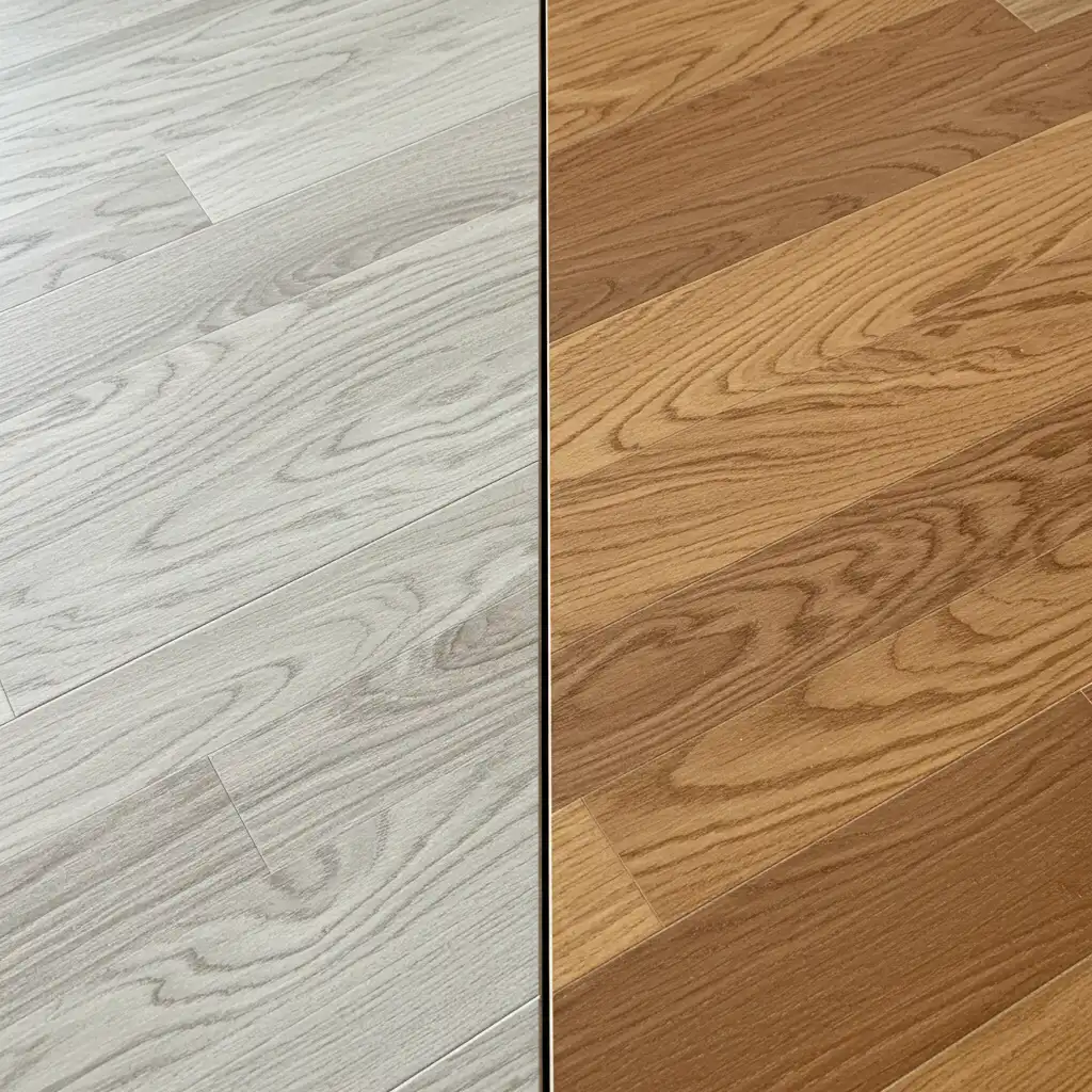 Échantillons de carrelage imitation parquet et de parquet massif en chêne posés côte à côte pour comparaison des textures
