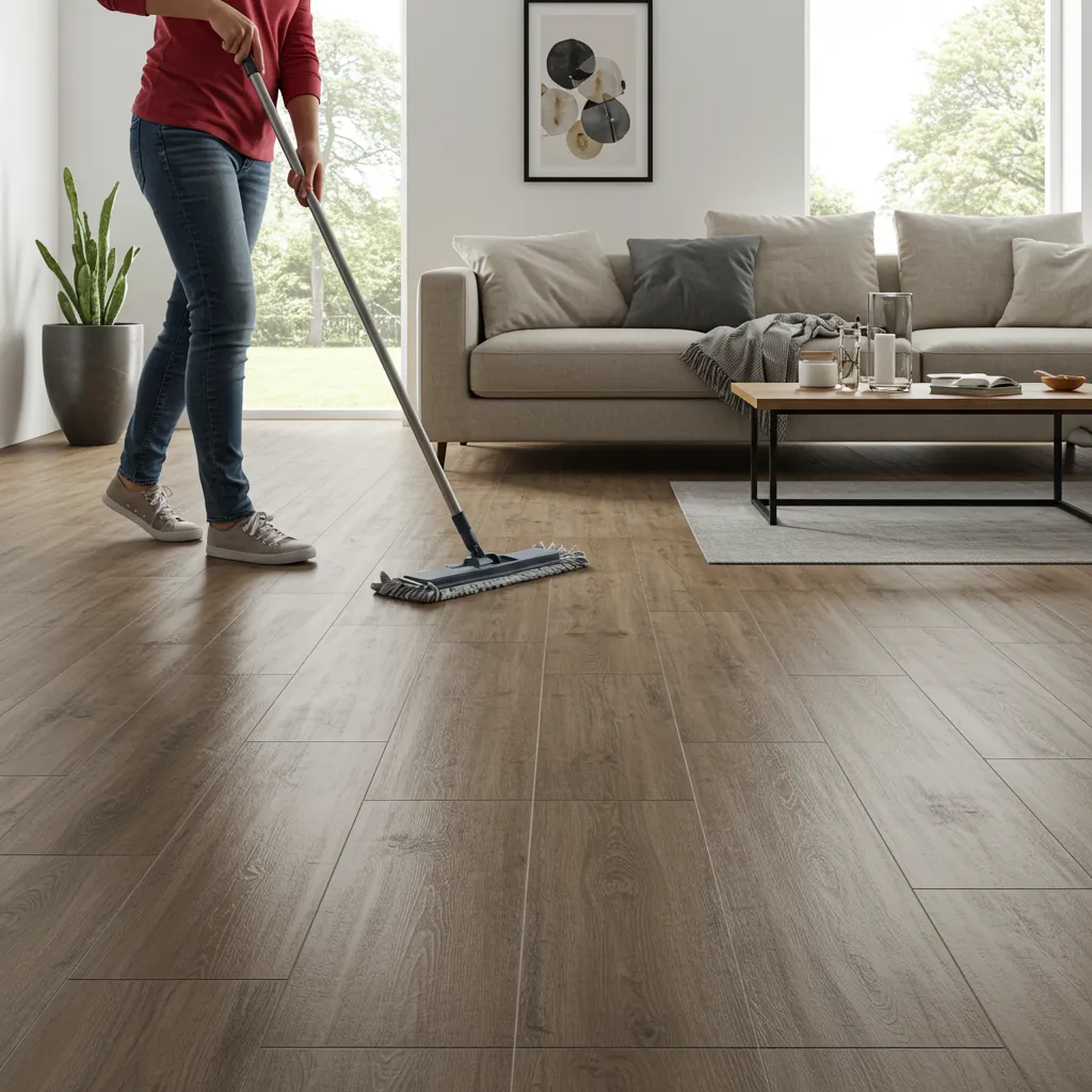 Entretien facile d'un carrelage imitation parquet dans un séjour lumineux avec une serpillière