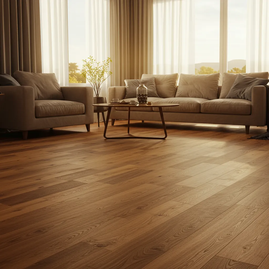 Séjour chaleureux avec parquet massif en chêne naturel baigné d'une lumière dorée en fin de journée