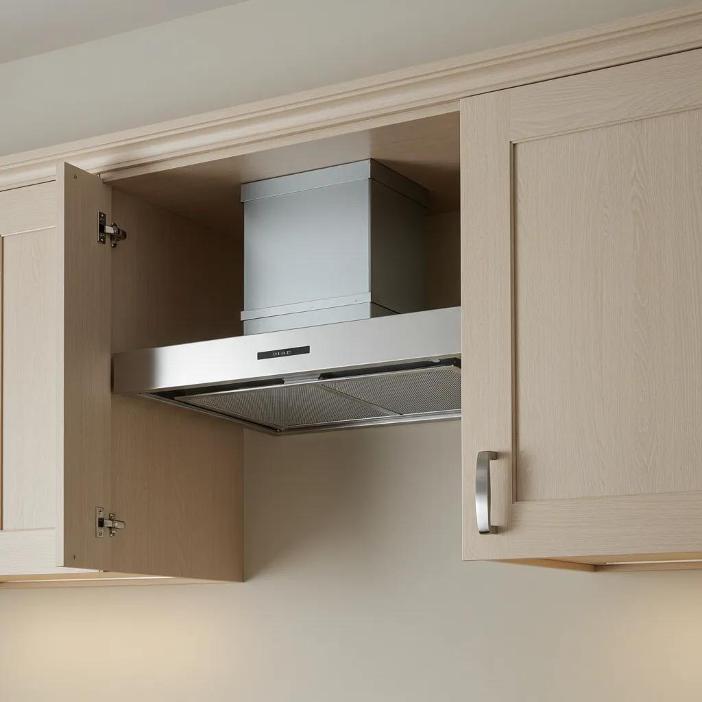 Conduit d'évacuation d'air dissimulé dans un meuble haut de cuisine ouverte