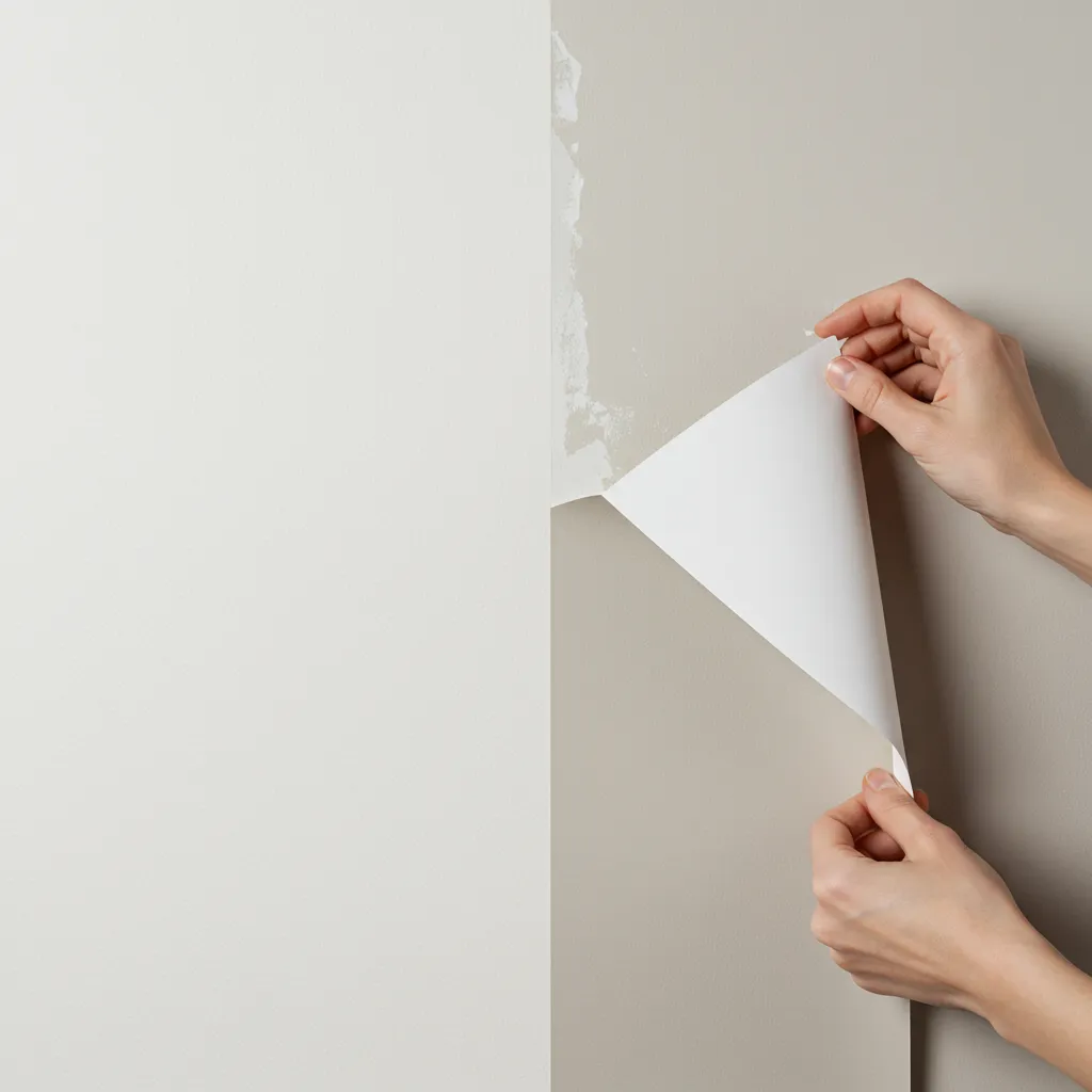Comparaison entre un mur nu et un papier peint amovible en cours de dépose sans abîmer la surface