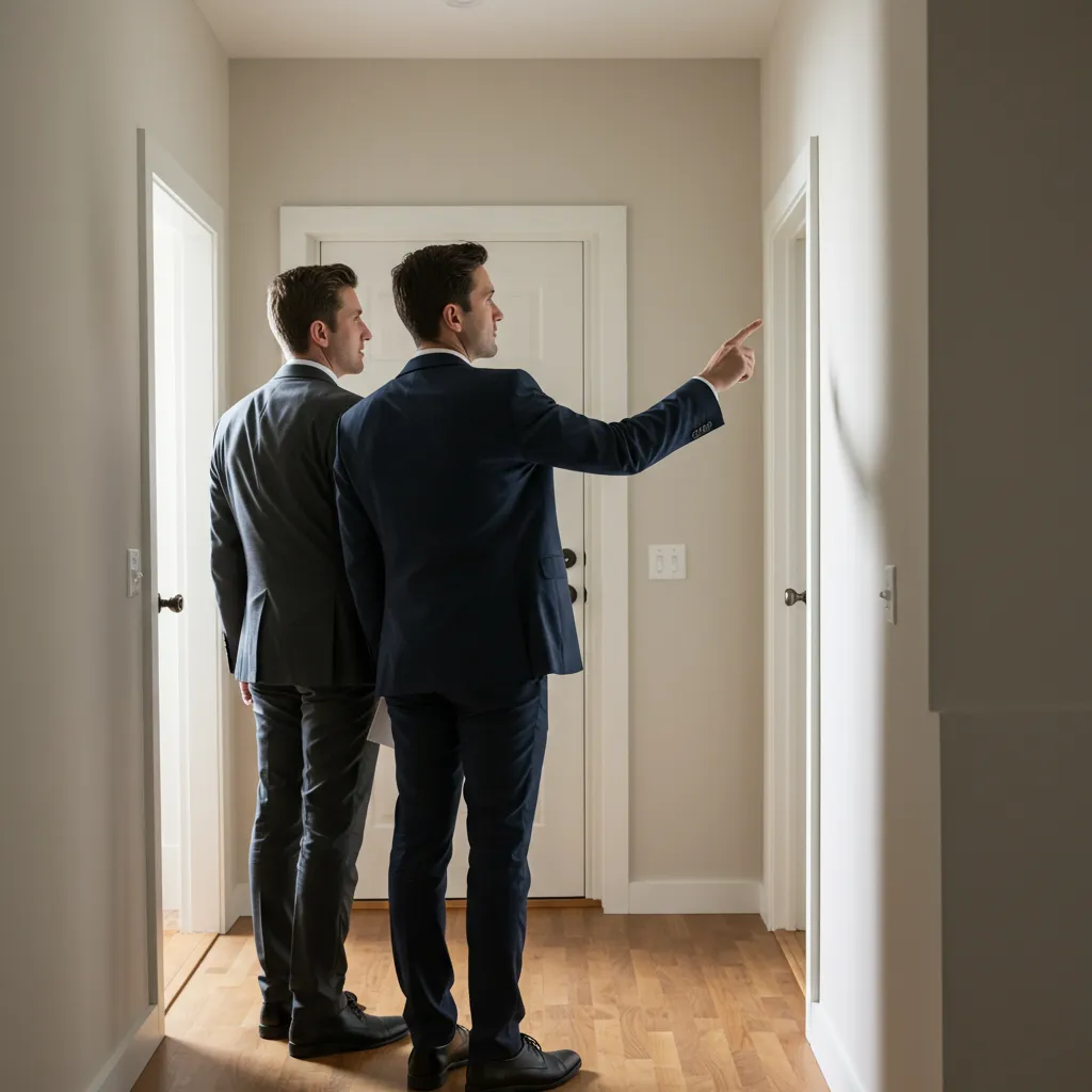 État des lieux de sortie dans une entrée d'appartement, bailleur et locataire inspectant l'état des murs après dépose du papier peint
