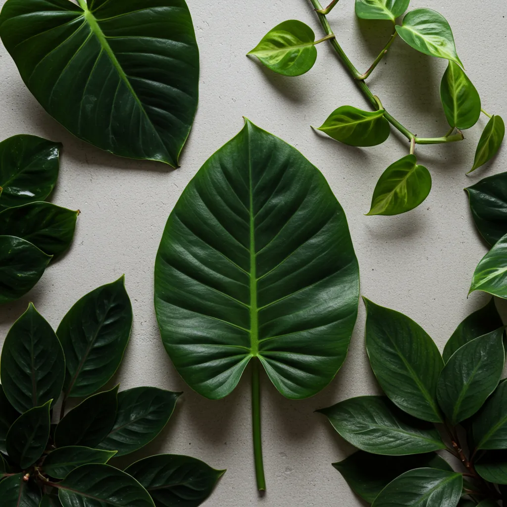 Vue de dessus de feuilles de plantes tropicales d'intérieur aux teintes vert foncé adaptées à la faible luminosité