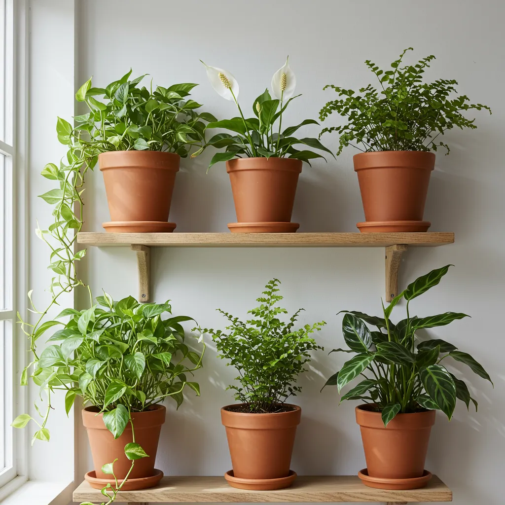 Six plantes d'intérieur incontournables pour exposition nord disposées sur une étagère en bois près d'une fenêtre