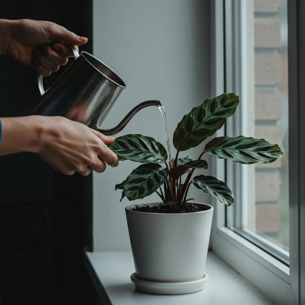 Arrosage soigneux d'un calathea posé sur un rebord de fenêtre exposée au nord avec lumière naturelle diffuse