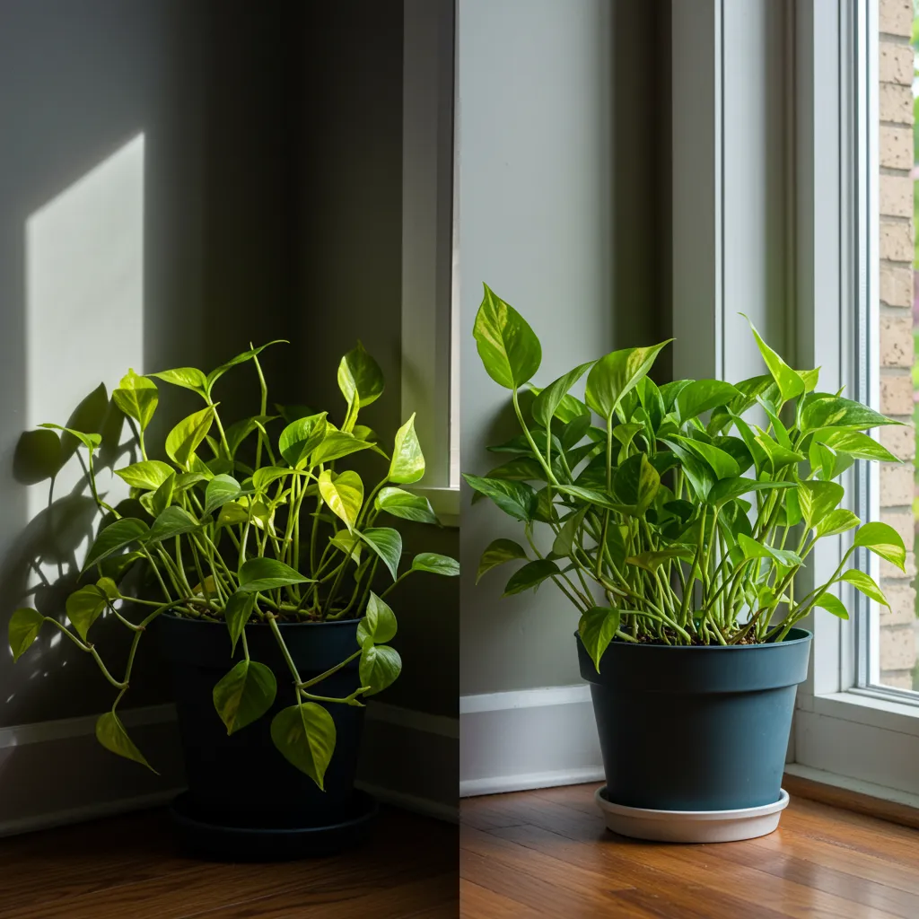 Comparaison entre un pothos mal placé loin de la fenêtre et un pothos sain positionné correctement près d'une fenêtre nord