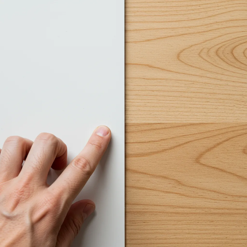 Comparaison de deux surfaces de meuble IKEA : panneau mélaminé lisse et bois de pin brut avec grain naturel visible